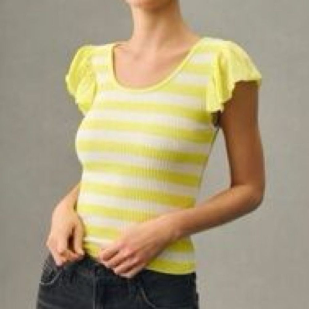 Anthropologie T.La Ruffled Sleeve Neon Yellow Striped Top Small
